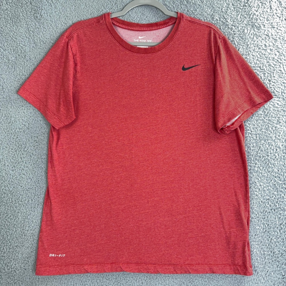 Nike Tee Shirt Mens Large Sport Red Orange Dri Fit Fitness Crew Neck Gym Workout